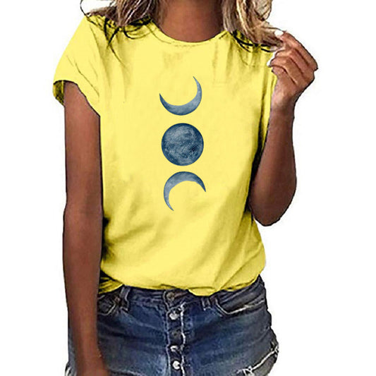 European And American Moon Print Crew Neck Casual T-shirt